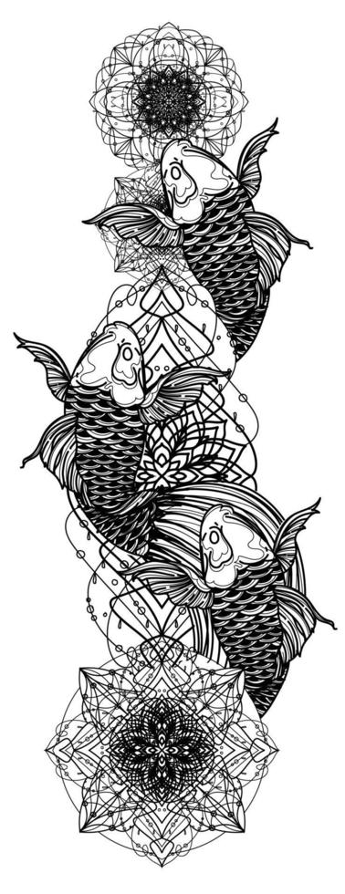 tatouage art japon conception de poisson dessin à la main et croquis noir et blanc vecteur