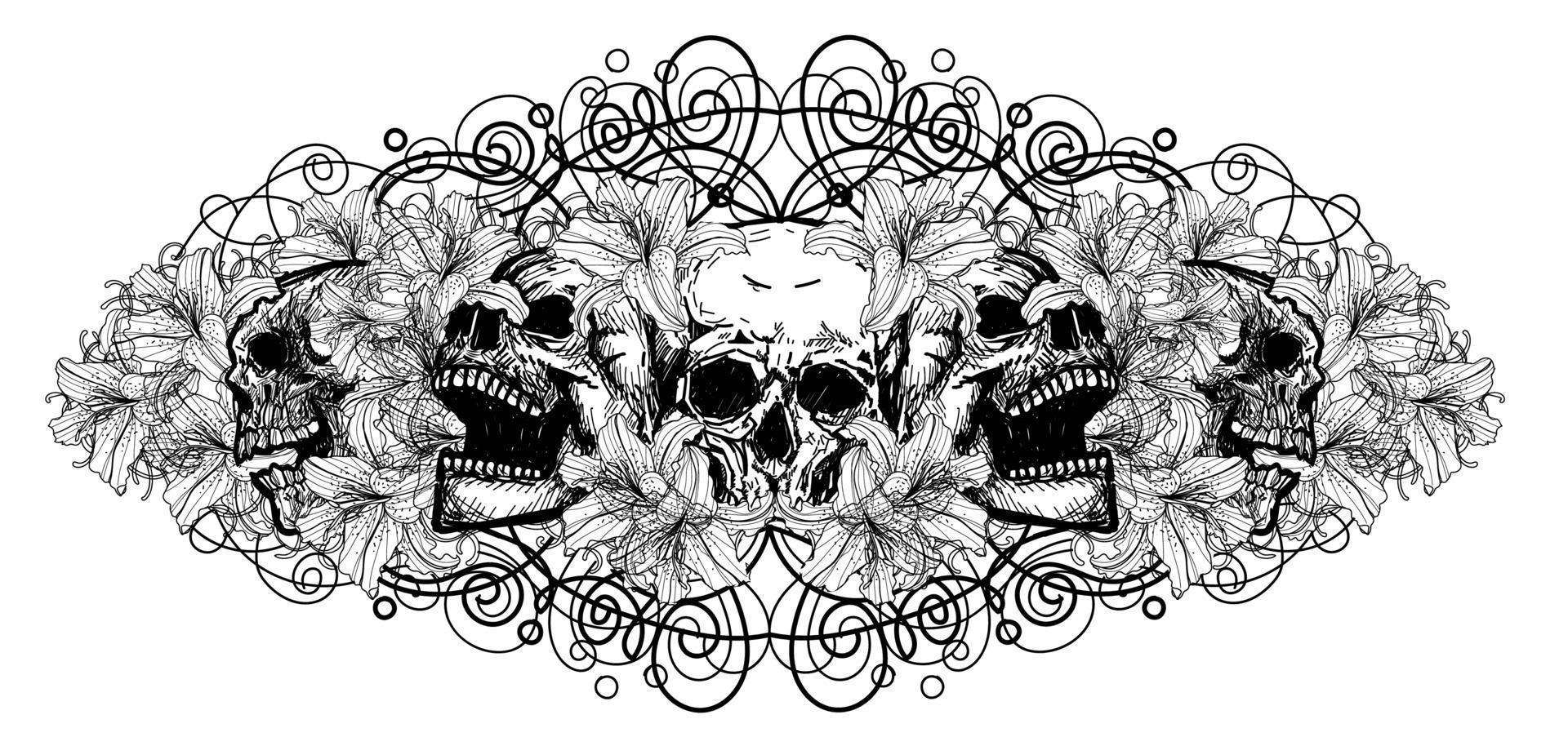 crâne art tatouage fleurs croquis noir et blanc vecteur