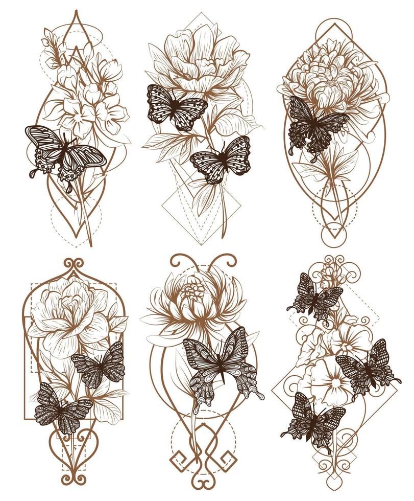 ensemble d'art de tatouage croquis de papillon noir et blanc vecteur