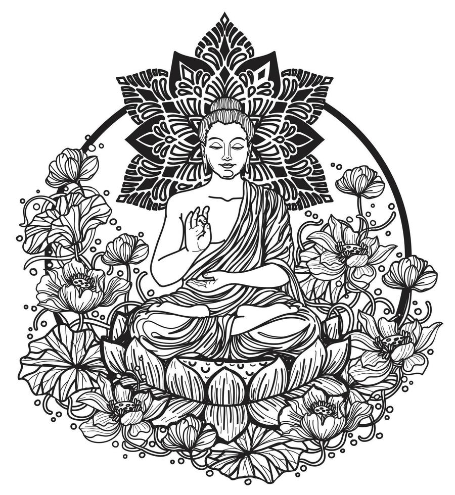 tatouage art bouddha sur lotus dessin à la main et croquis vecteur