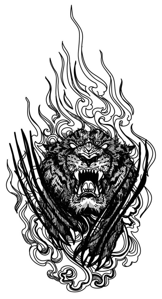 art de tatouage saut de tigre dessin à la main et croquis noir et blanc vecteur
