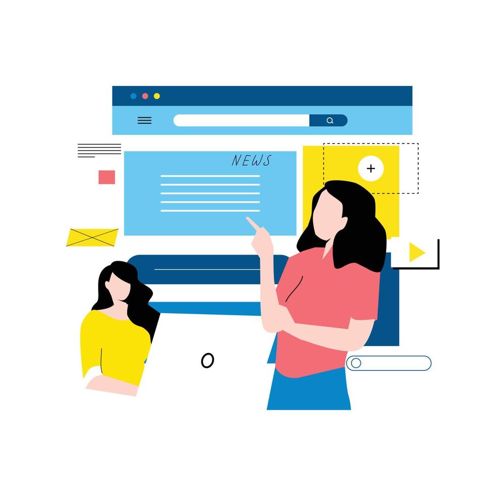 gestion de contenu numérique, création de contenu en ligne attrayant, conception d'illustration vectorielle plate de nouvelles en ligne pour les graphiques mobiles et Web. optimisation de site Web, concept de développement de contenu Web vecteur