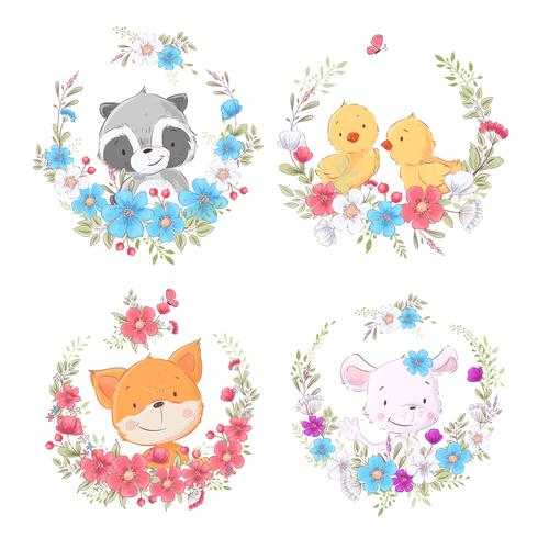 Dessins animés animaux mignons dans des couronnes de fleurs. Vecteur