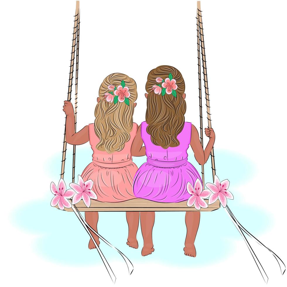 deux jolies petites filles soeurs se balancent sur une balançoire sur la plage ou sur l'illustration tendre du terrain de jeu, s'occupent de leurs proches, impriment pour les textiles, les t-shirts ou les emballages vecteur