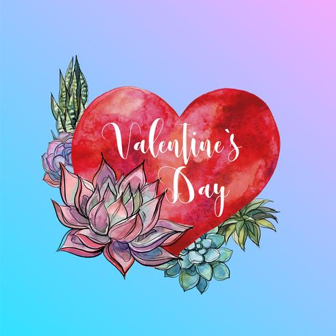 La Saint Valentin. Aquarelle coeur et plantes succulentes. Caractères. Vecteur