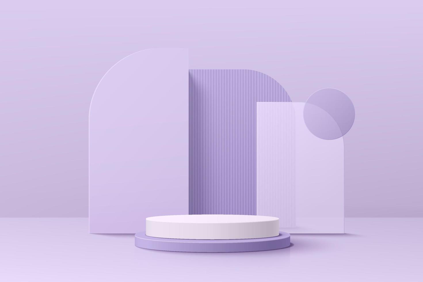 podium de piédestal de cylindre 3d violet et blanc réaliste serti d'arrière-plan géométrique. scène minimale pour la vitrine des produits, l'affichage de la promotion. plate-forme géométrique vectorielle. conception abstraite de la salle. vecteur