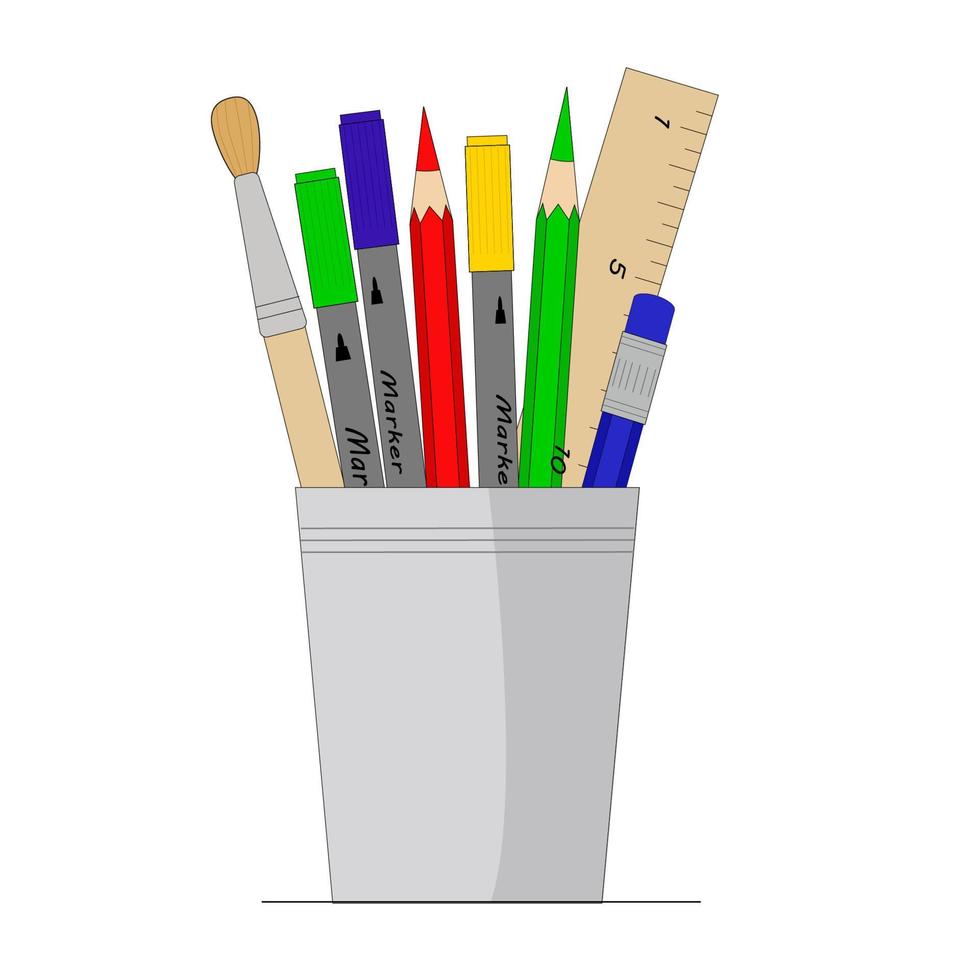 un ensemble de papeterie dans un verre crayons de couleur, marqueurs, pinceau, règle. un ensemble d'outils pour l'étude, les affaires ou la créativité vecteur