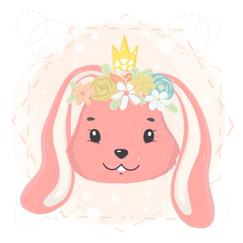 joli visage de lapin avec couronne de fleurs et couronne à l&#39;idée de vecteur plat de printemps pour carte, t-shirt imprimable enfant