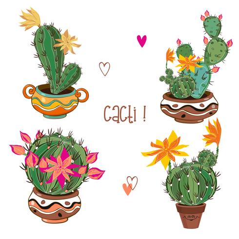 Ensemble de cactus en fleurs dans des pots en argile. Vecteur