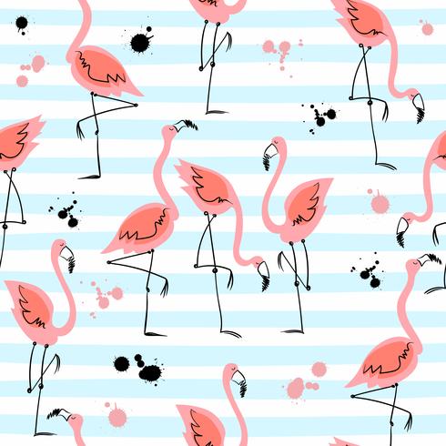 Modèle sans couture avec des flamants roses sur fond rayé. Motifs d&#39;été. Vecteur