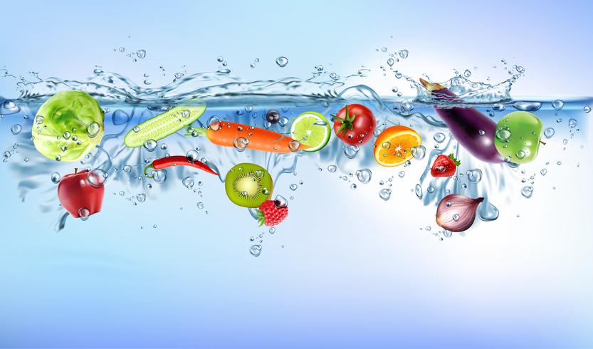 légumes frais éclabousser dans l&#39;eau claire bleue éclabousser des aliments sains régime fraîcheur concept isolé fond blanc. Illustration vectorielle réaliste. vecteur