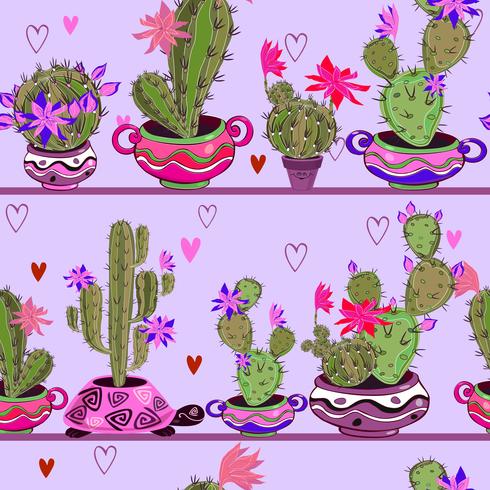 Cactus en fleurs dans des pots amusants. Modèle sans couture. Vecteur. vecteur