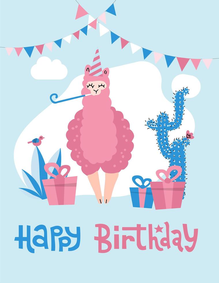 carte d'anniversaire avec lama drôle de dessin animé mignon. illustration vectorielle modifiable. alpaga dessiné à la main en chapeau de fête avec coffrets cadeaux, cactus. design plat de style scandinave. concept d'invitation, impression d'enfants. vecteur