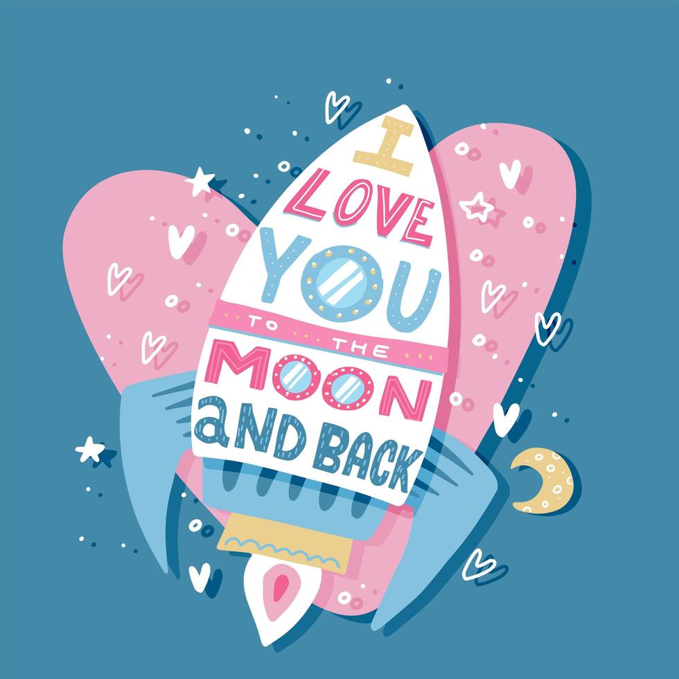 carte de voeux en papier avec fusée d'amour colorée et texte je t'aime jusqu'à la lune et retour. coeur découpé en papier pour la mariée, le mariage, les fiançailles, la saint valentin. art vectoriel en style papercut 3d.