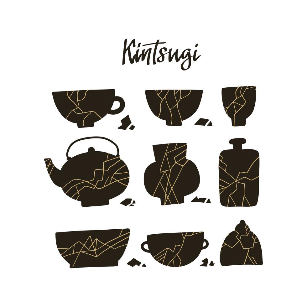 ensemble de vaisselle avec kintsugi doré. art japonais du concept de réparation. illustration vectorielle simple. vecteur