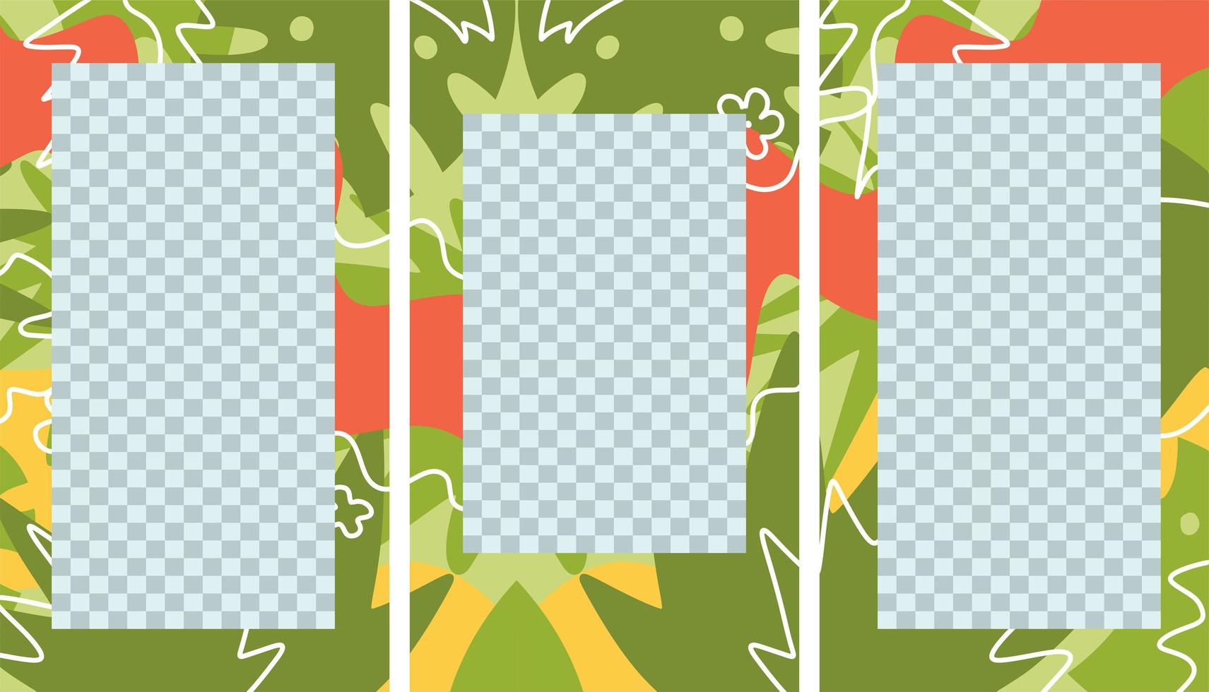 les histoires de médias sociaux publient un ensemble créatif. modèle tropical avec un espace pour le texte et les images photo par des formes abstraites, des dessins au trait. feuilles de palmier vertes. vecteur plat dessiné à la main de 3 collages de puzzle isolés.