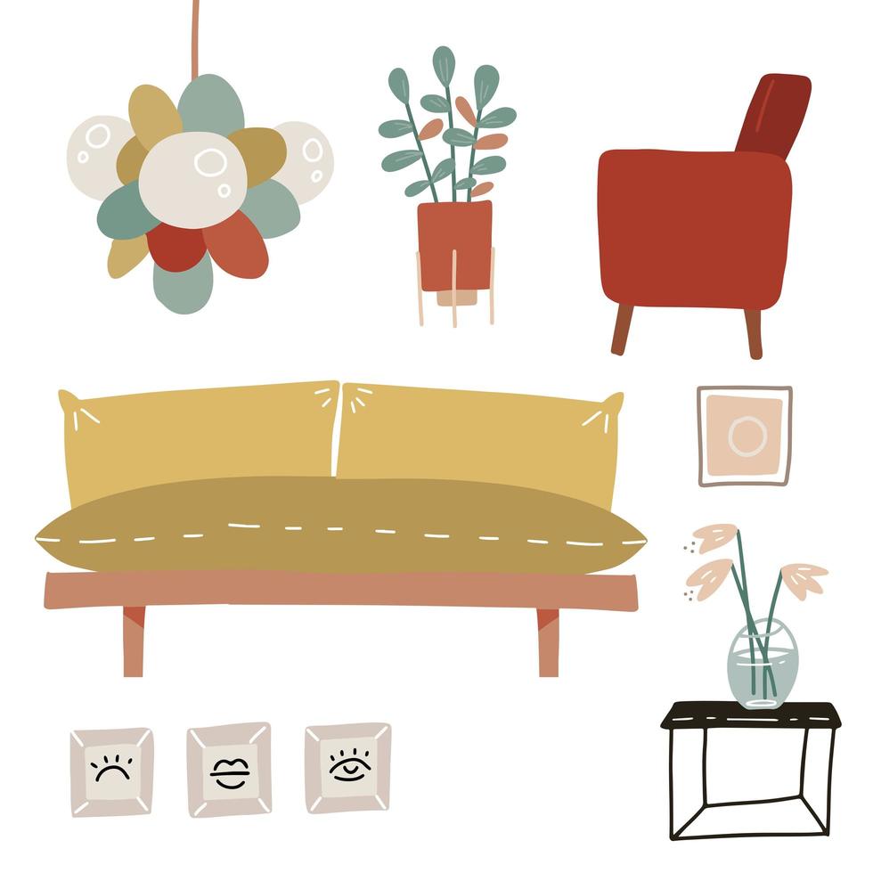 canapé, fauteuil, table basse, plantes d'intérieur, vase, lampe et images murales - ensemble d'éléments intérieurs. détails d'une maison confortable dans un style hygge scandinave. graphique vectoriel plat dessiné à la main.