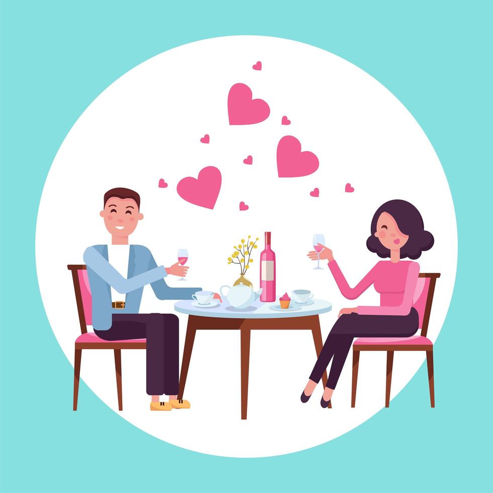 date de la saint-valentin romantique de l'homme et de la femme au restaurant. couple amoureux. personnes assises à table avec un verre de vin. relation amoureuse. illustration vectorielle plane isolée vecteur