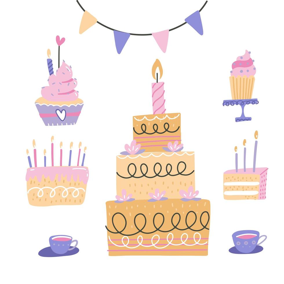ensemble de gâteaux d'anniversaire. cerise, gâteaux aux fraises, cupcake, topper, bougies avec bougies et autres décorations de fête d'anniversaire, isolés sur fond blanc. illustration de doodle coloré dessiné à la main de vecteur. vecteur