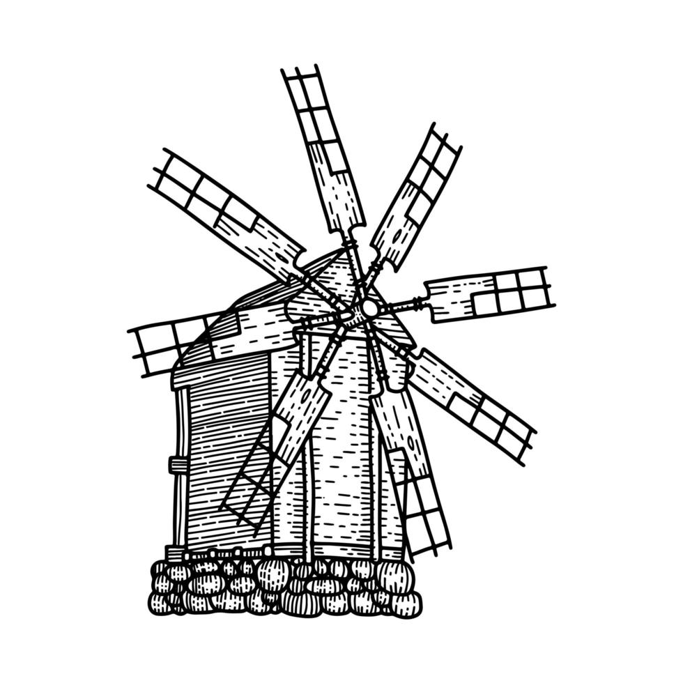 croquis du vieux moulin à vent woodeb isolé. moulin à sept pales. illustration de croquis de vecteur dessiné à la main dans un style linéaire gravé