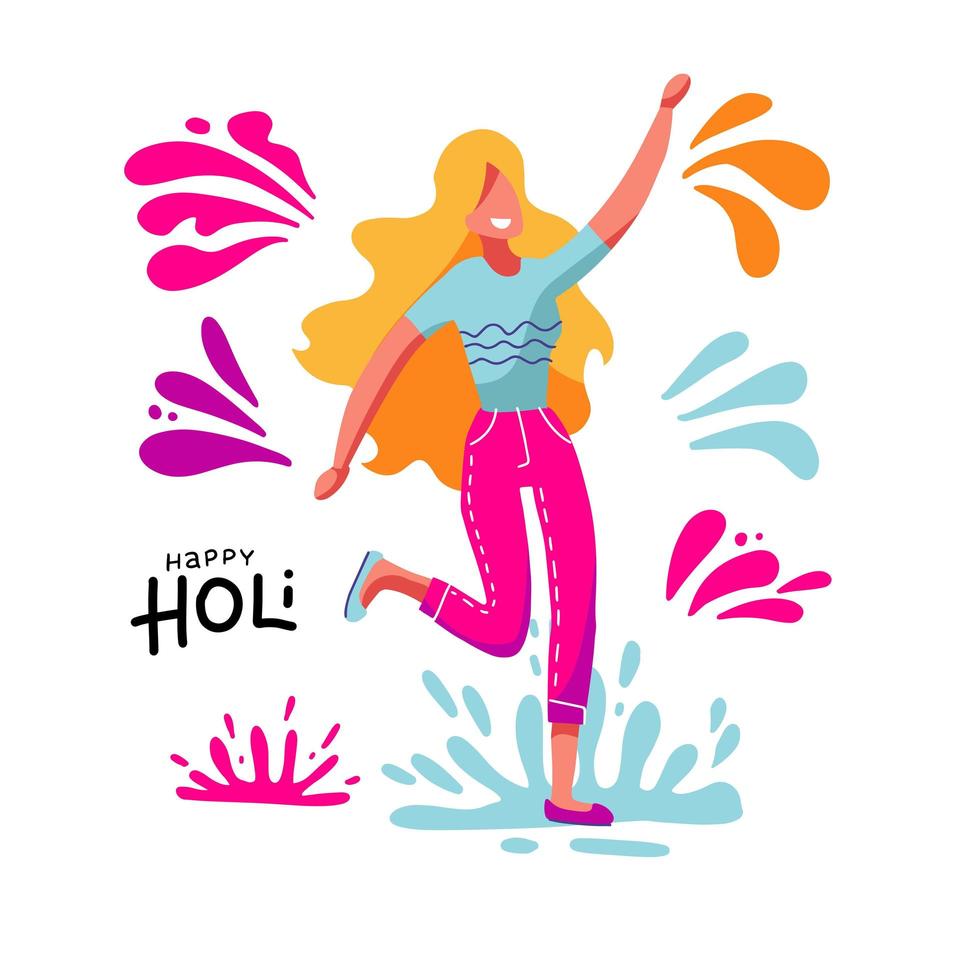 jeune femme blonde s'amusant à jeter des éclaboussures colorées sur le festival de printemps de holi. modèle d'affiche d'invitation. illustration vectorielle en style cartoon plat vecteur