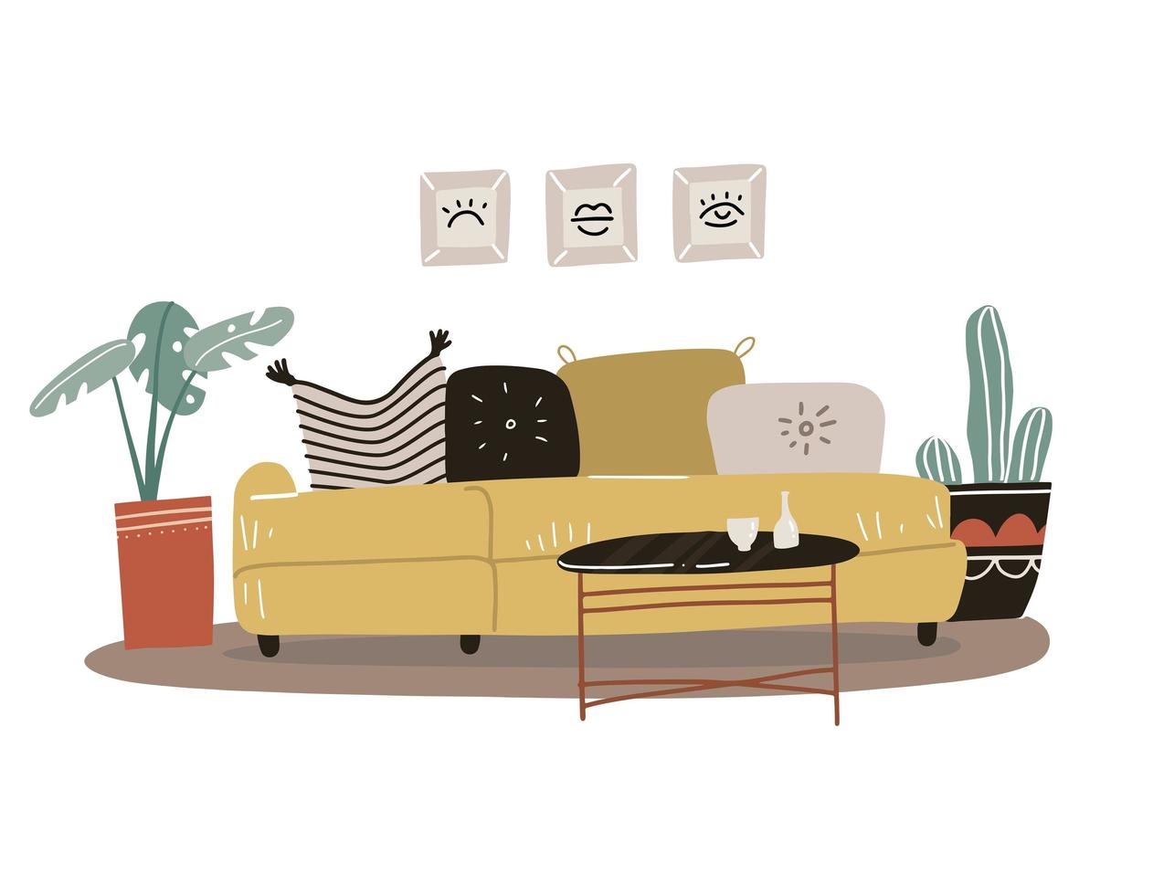 concept d'intérieur de salon de style scandinave. canapé jaune isolé avec oreillers et peintures dans des cadres, plantes en pot, table basse. illustration vectorielle dessinée à la main à plat. vecteur