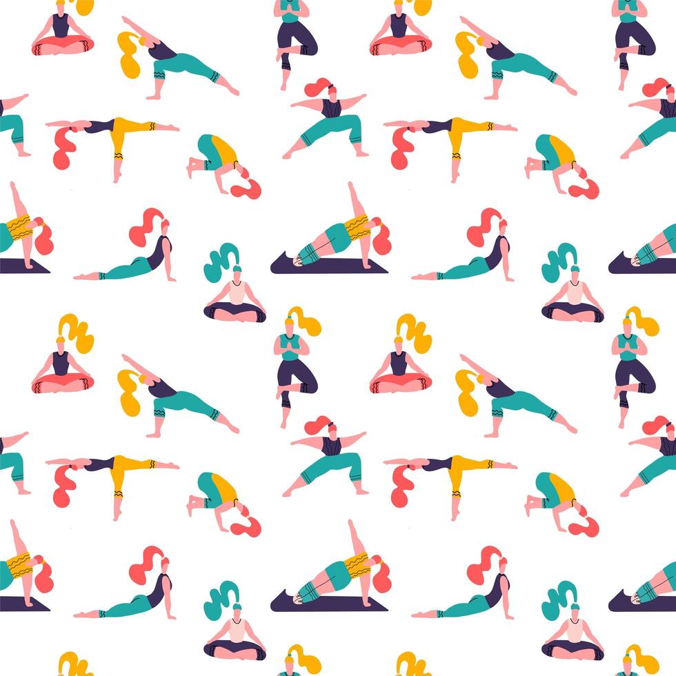 mode de vie sain. journée mondiale de la santé. modèle sans couture de vecteur avec cours de yoga avec des gens méditant, faisant des exercices de respiration. concept de fond moderne avec des femmes faisant du yoga pose illustration vectorielle