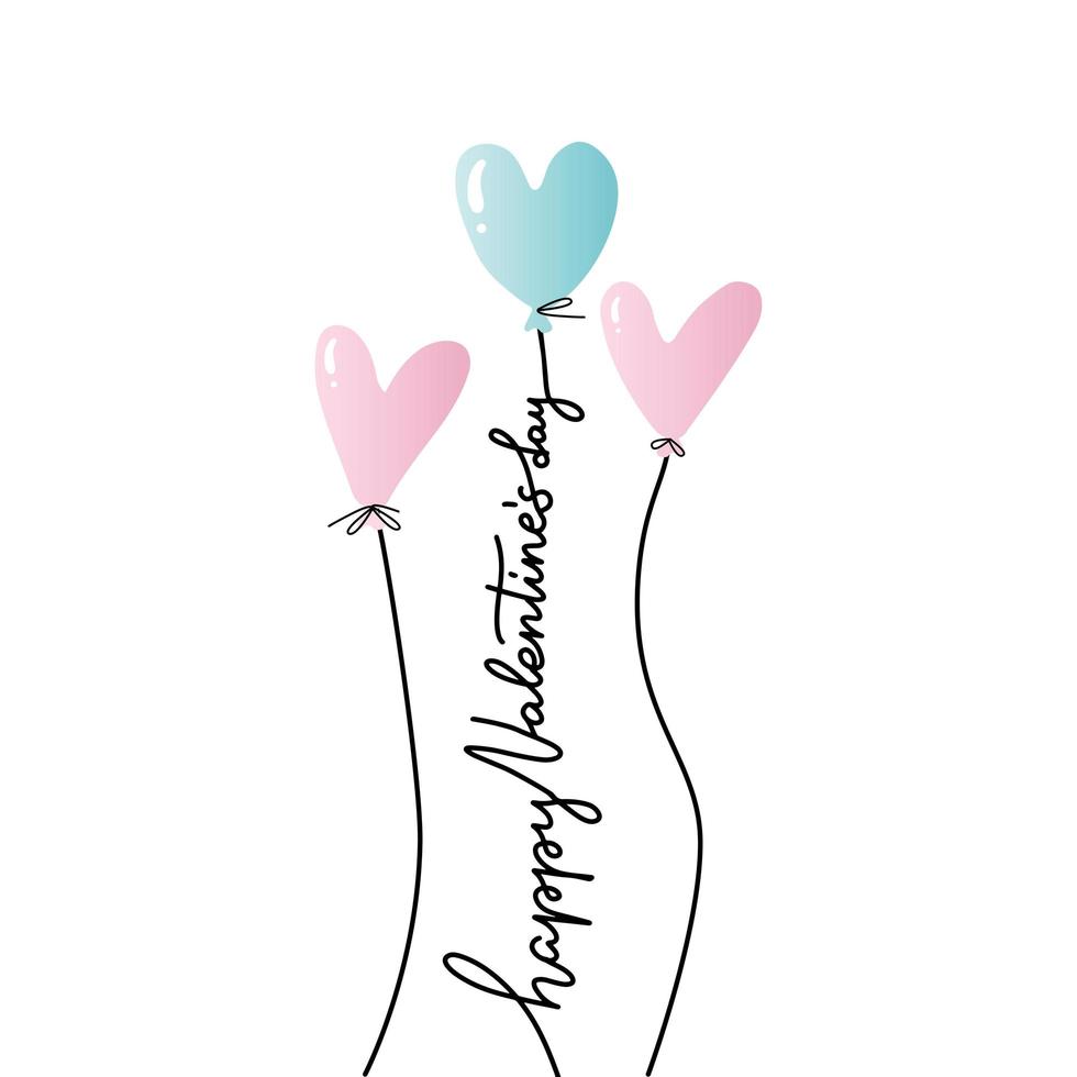 illustration dessinée à la main de la saint-valentin heureuse. vous souhaitant aimer une carte postale de lettrage en ligne. bouquet rose et bleu de ballons en forme de coeur. modèle de carte de voeux vecteur