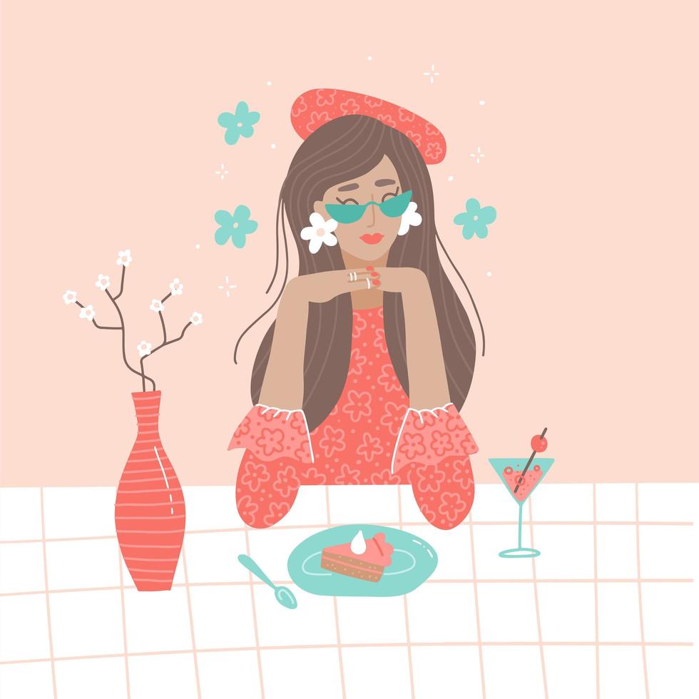 la jeune jolie femme se détend au café en mangeant un gâteau et en buvant un cocktail. fille célibataire romantique. distance sociale. style plat de dessin animé illustration vectorielle vecteur