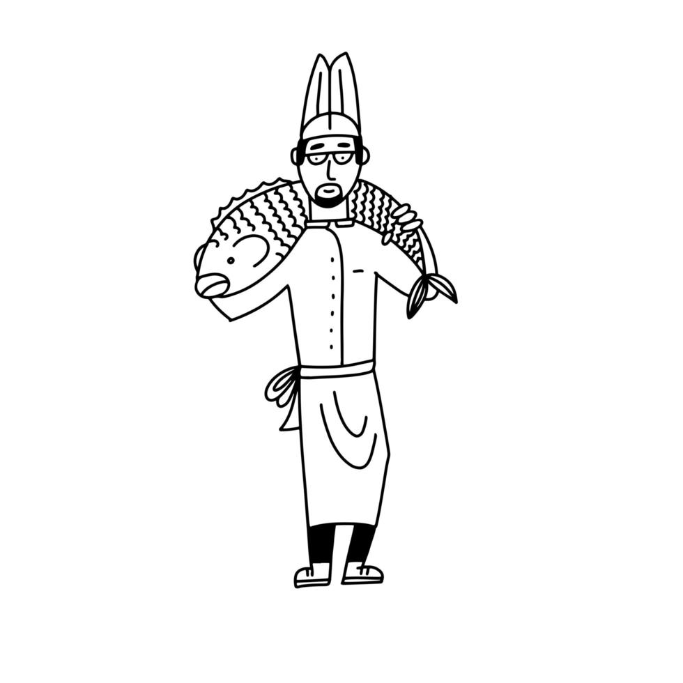 cuisinier masculin avec un énorme poisson sur ses épaules. personnage de dessin animé doodle, bonhomme allumette, illustration vectorielle plane. vecteur