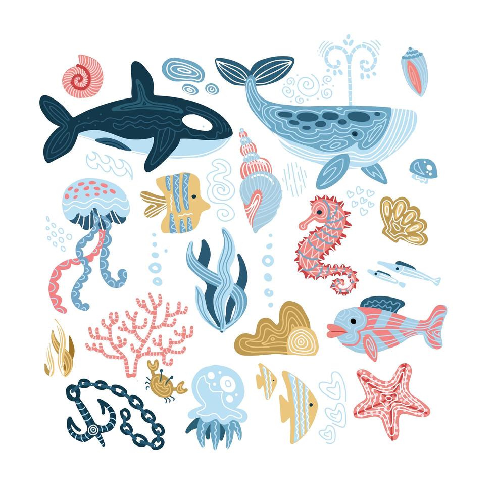 ensemble d'animaux marins - coquillages, poissons, baleine, hippocampe, thon, poisson papillon, orque, méduses, algues, ancre, corail, coquillage. illustration vectorielle de dessin animé plat dessinés à la main du monde sous marin vecteur