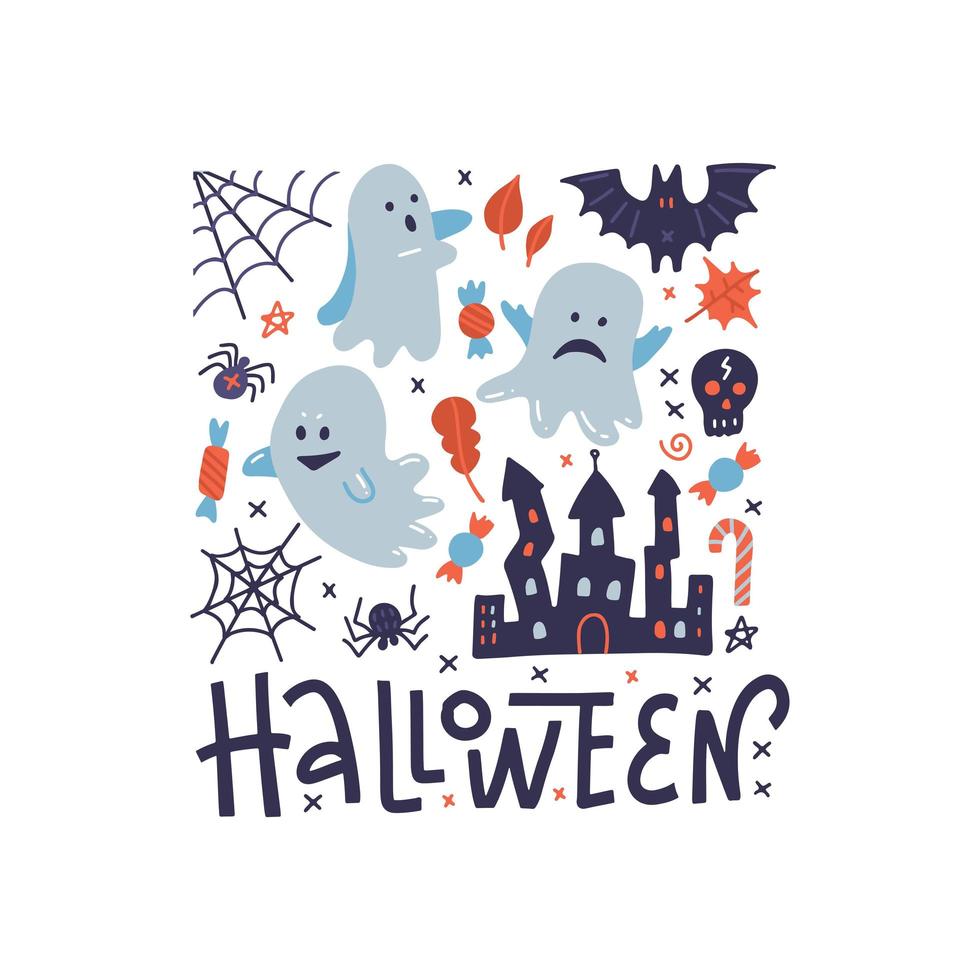 carte de voeux joyeux halloween à motif carré avec fantômes, araignée noire, château effrayant et toile d'araignée. illustration vectorielle plane avec lettrage. vecteur