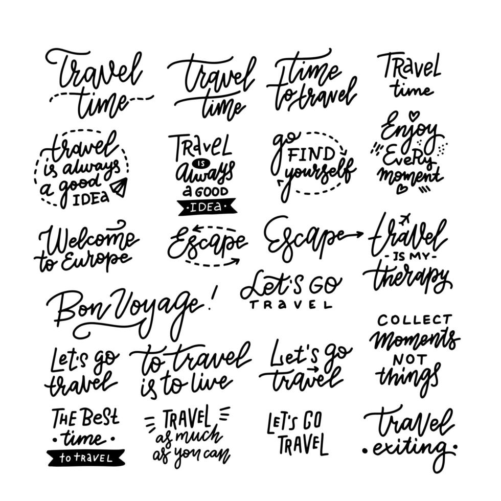 lettrage de citations d'inspiration de style de vie de voyage. typographie de ligne de citation de motivation. élément de conception graphique de calligraphie. conception de devis. allez vous retrouver. recueillir des moments pas des choses. temps de voyage vecteur