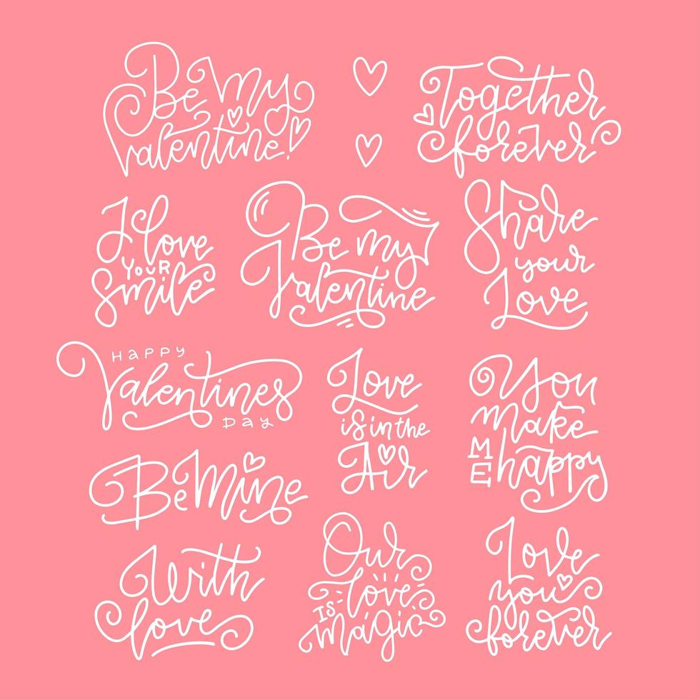 ensemble de phrases vectorielles pour concevoir des cartes de voeux le jour de la saint-valentin. illustration dans un style linéaire dessiné à la main. lettrage calligraphié sur fond rose vecteur