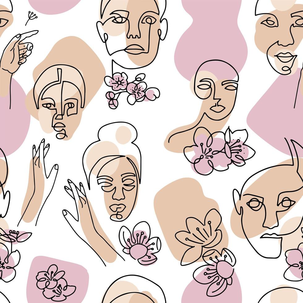 modèle sans couture abstrait portrait de femme linéaire. visage féminin dessinant une ligne sur des formes minimales et un fond de lignes courbes. portraits de femmes avec illustration de fleur de cerisier pour le design de mode vecteur