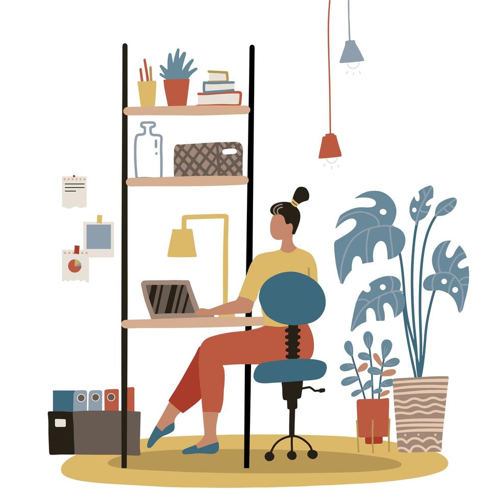 travail indépendant à domicile. concept avec une femme, travailleuse assise devant l'ordinateur portable à la maison. meuble cosy lagom avec plantes. illustration vectorielle plane dessinée à la main. vecteur