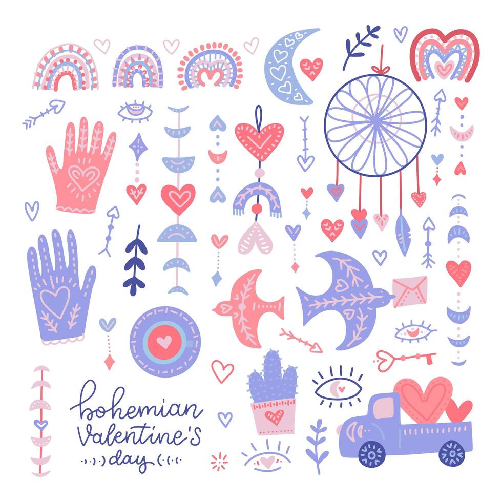 ensemble d'éléments dessinés à la main de la Saint-Valentin bohème - oiseaux, arc-en-ciel boho, coeur, oeil avec coeur, lune clipart isolé sur fond blanc. illustration vectorielle plane. vecteur