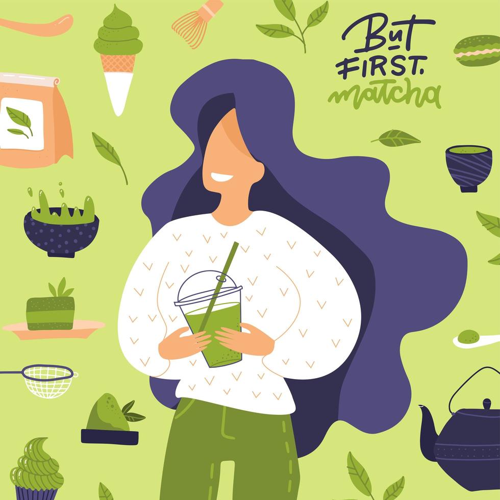 jolie jeune femme boit du thé matcha ou des smoothies dans une tasse en plastique. le concept d'une bonne nutrition, d'un mode de vie sain. illustration de vecteur de dessin animé plat isolé sur un fond vert clair avec lettrage.