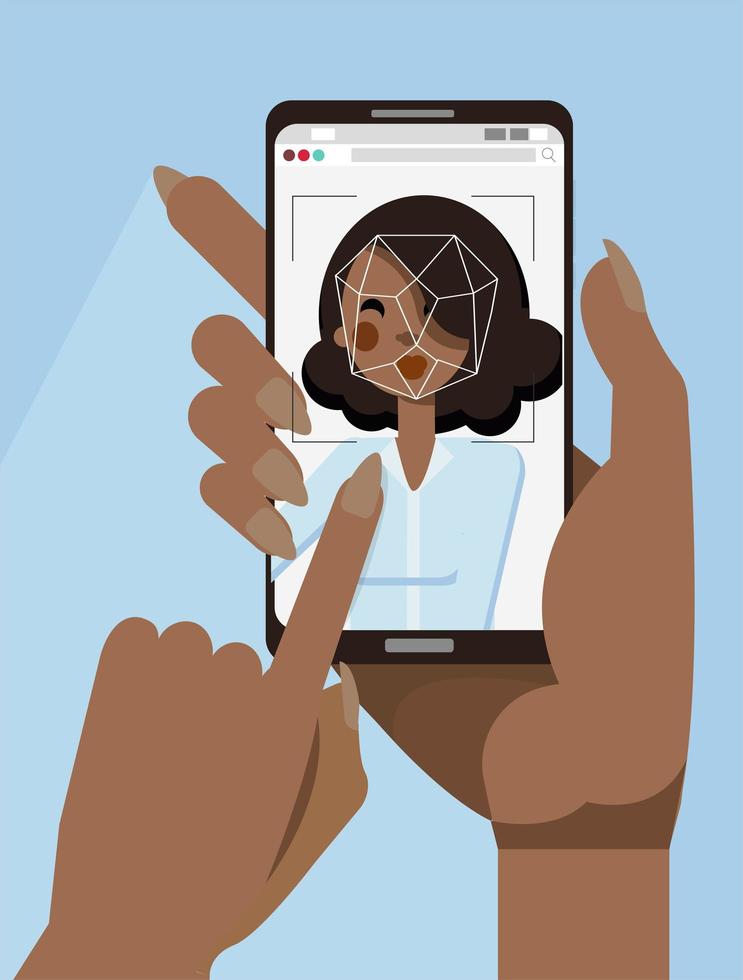 main de femme africaine tenant un smartphone noir avec identification du visage à l'écran. notion de reconnaissance faciale. deux mains féminines tenant un système de reconnaissance faciale. demande moderne. personnage de vecteur de dessin animé plat