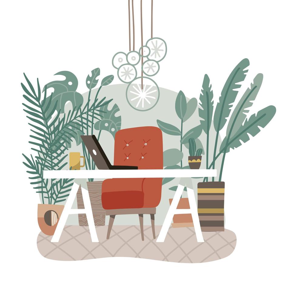 lieu de travail moderne eco gree. bureau avec concept. design d'intérieur d'espace de travail de coworking dans un style nordique ou scandinave. bureaux des travailleurs avec une grande chaise douce. de nombreuses plantes en pot. illustration vectorielle plane. vecteur