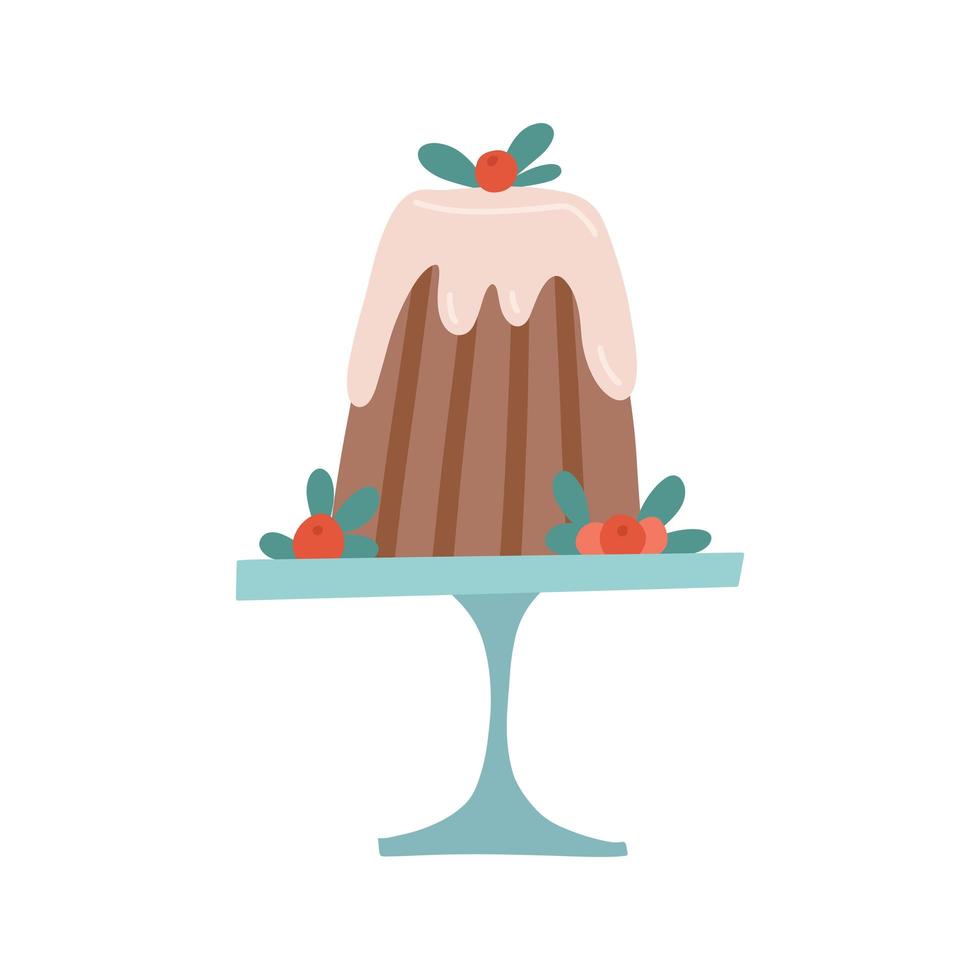 gâteau au pudding de noël avec garniture de glaçage sur support décoré de baies et de feuilles de gui. illustration de vecteur plat mignon dessinés à la main isolé sur fond transparent.