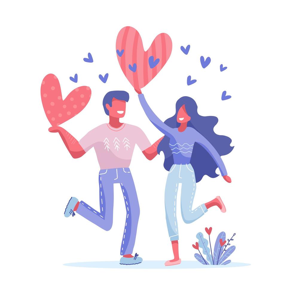 concept de bonne saint valentin avec quelques personnages. les gens qui tombent amoureux tiennent un grand coeur au-dessus de leur tête. illustration vectorielle plane pour affiche, carte, bannière web ou page de destination. vecteur