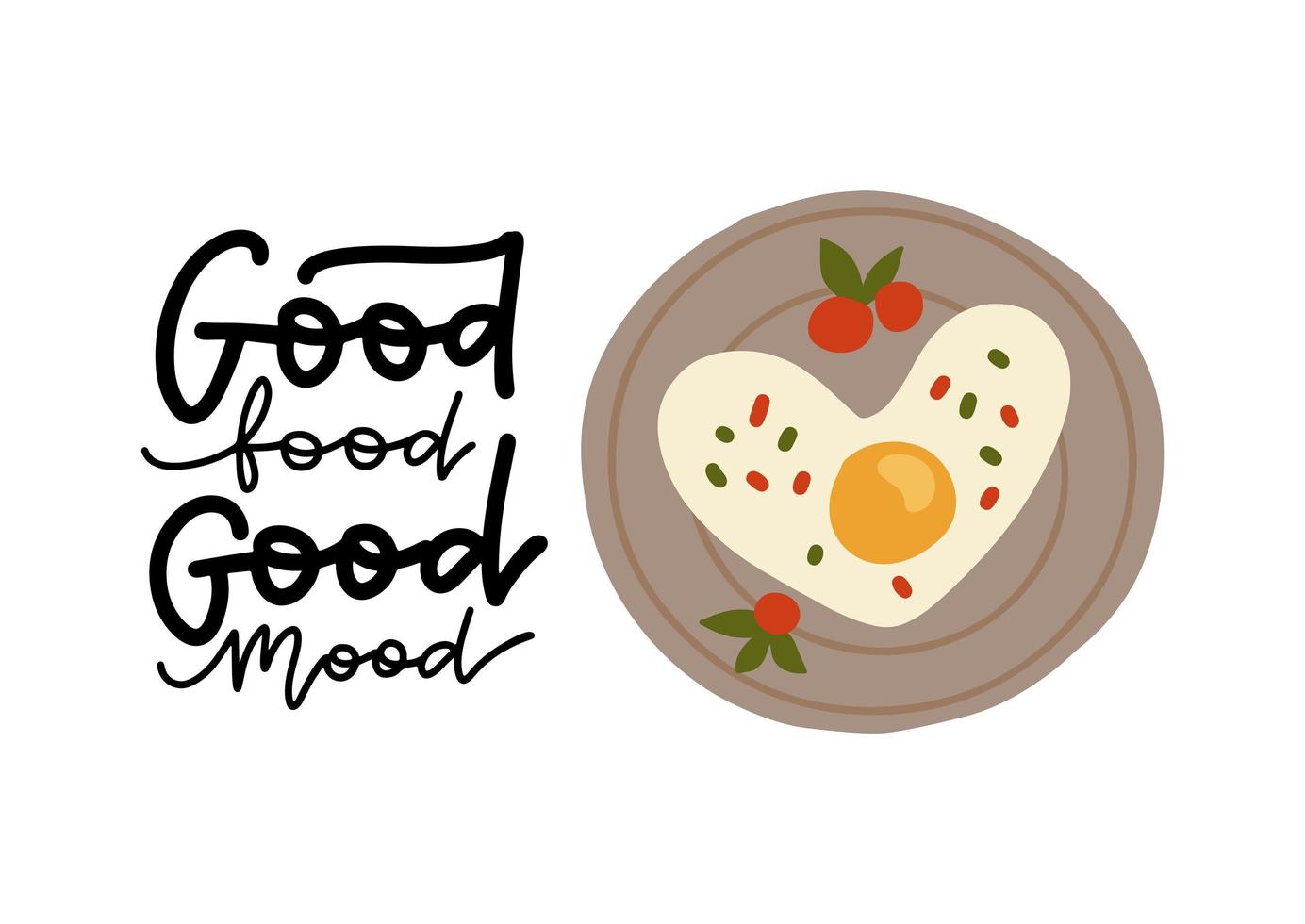 petit-déjeuner du matin avec oeuf d'omelette en forme de coeur avec citation de lettrage - bonne nourriture, bonne humeur. illustration plate de vecteur. vecteur