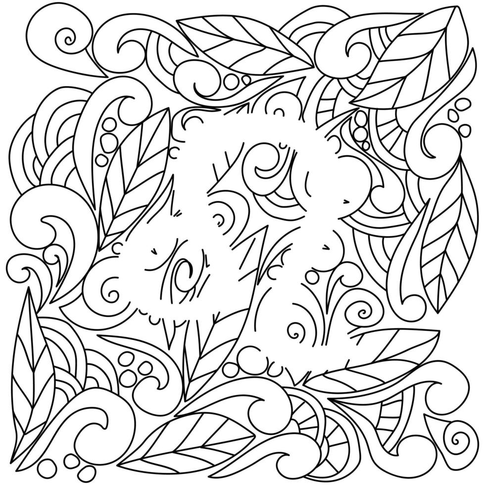 coloriage à l'aide d'un espace négatif, silhouette du signe du zodiaque leo, motifs de griffonnage de feuilles et de boucles, illustration de contour vectoriel
