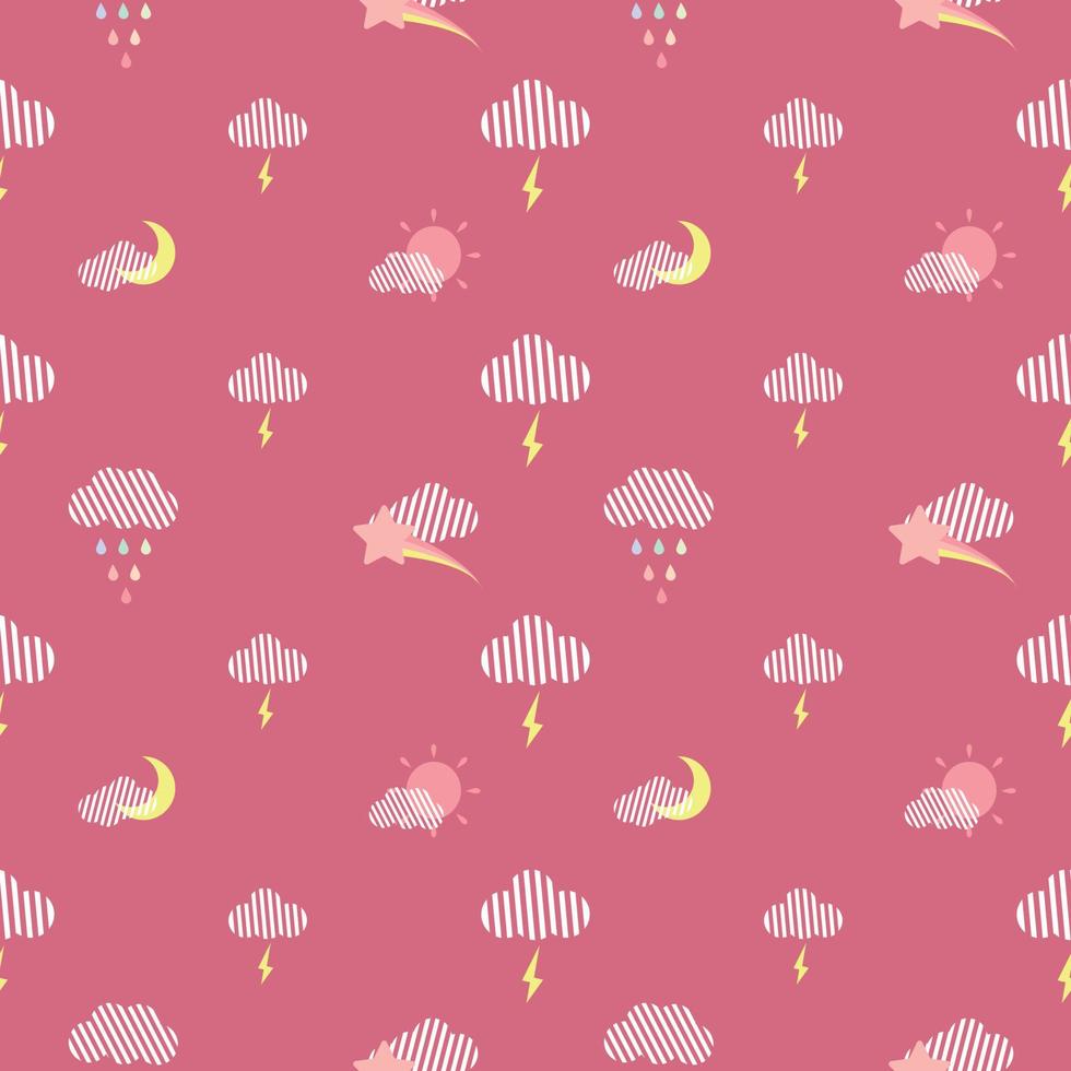 pluie arc-en-ciel avec la lune et le soleil du tissu nuage motif mignon sans couture sur fond rose vecteur