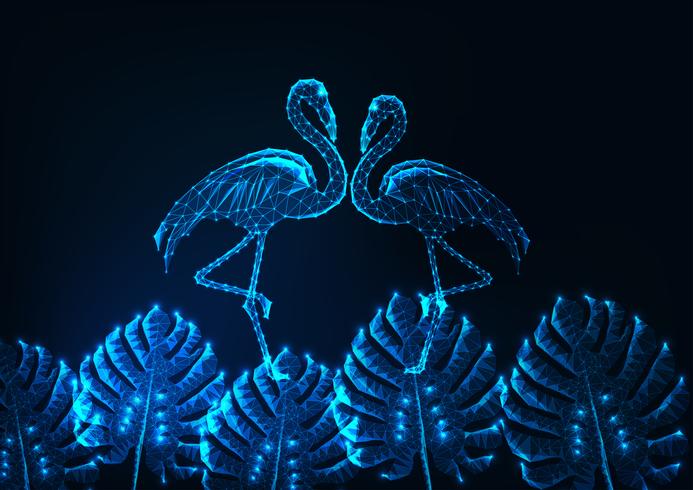 Concept d&#39;été tropical avec couple poly basse rougeoyante de flamants roses et monstera feuilles sur bleu foncé. vecteur