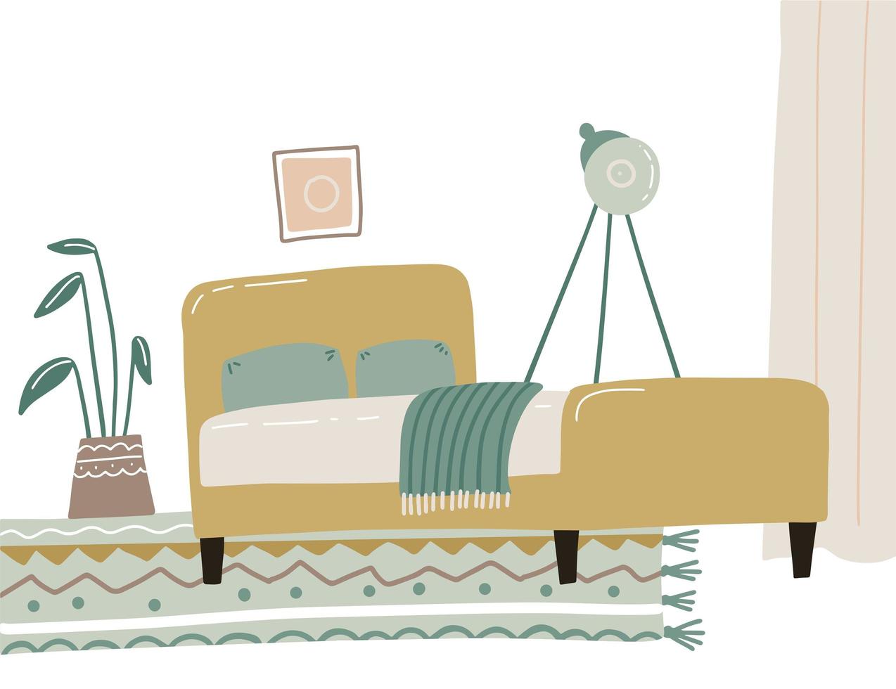 l'intérieur de la chambre est dans le style scandinave, boho aux couleurs pastel jaune et vert. concept de vue de côté. illustration vectorielle à plat d'oreillers de chambre à coucher, lampadaire, tapis, plantes. vecteur