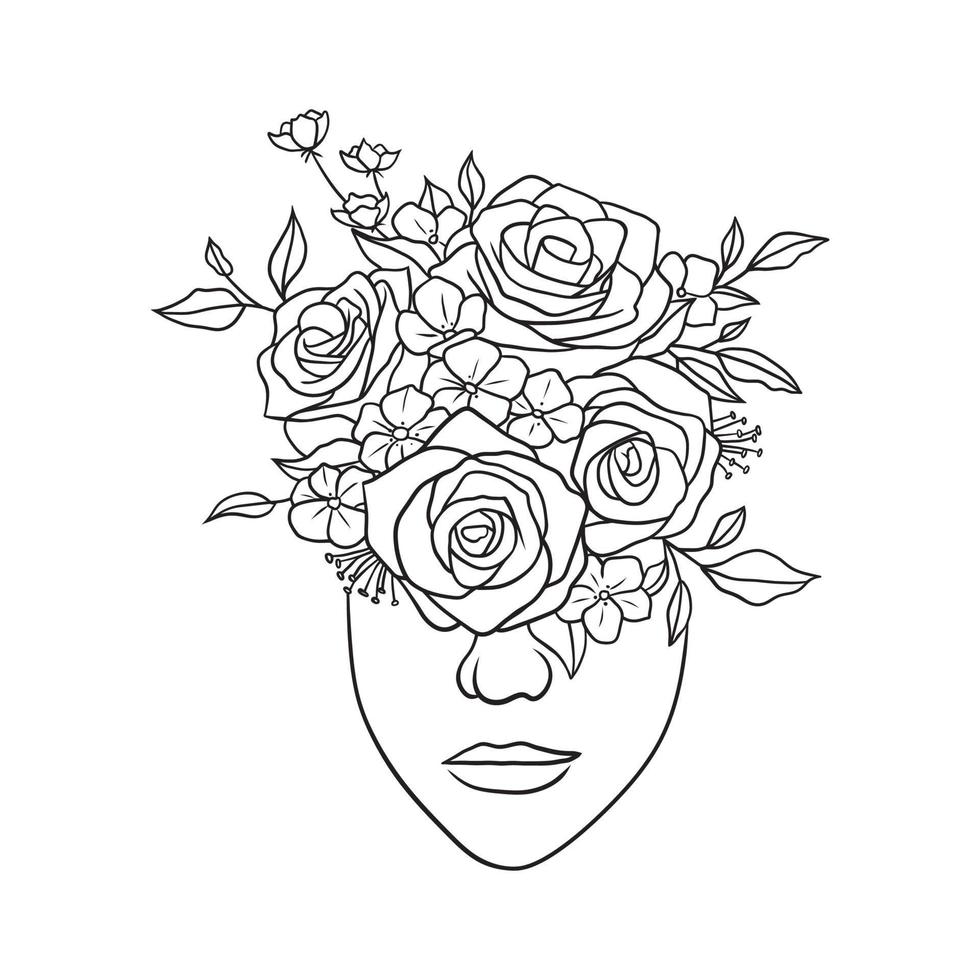 beau visage de femme avec des fleurs illustration en noir et blanc sur fond blanc vecteur