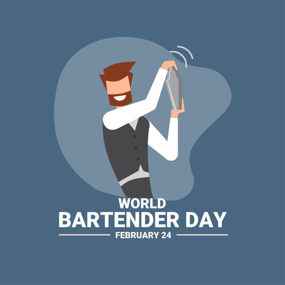 le barman prépare une boisson avec un shaker en argent, sous forme de bannière ou d'affiche, journée mondiale du barman. illustration vectorielle. vecteur