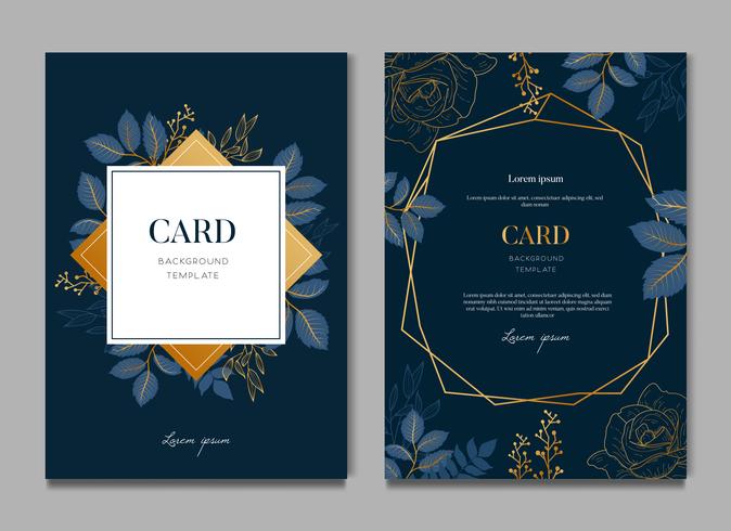 Carte bleue marine avec carte de feuilles dorées et modèle d&#39;invitation de mariage vecteur